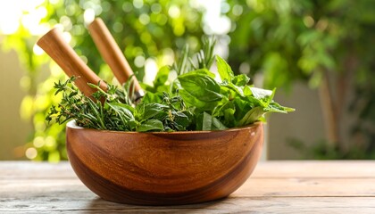 Wooden bowl full of fresh herbs