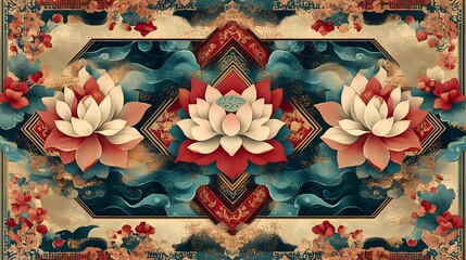 A rich, opulent pattern blending tribal and Chinese influences, featuring prominent lotus flowers, swirling teal and gold elements, and intricate borders.
