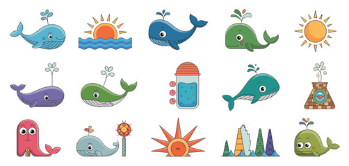 Naklejka premium Cute cartoon whales and ocean life illustrations