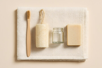 Natural Bathroom Essentials Set with Toothbrush, Loofah, Glass Jar, and Soap on Soft Towels 