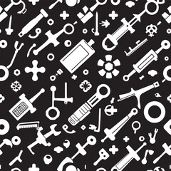 Obraz premium Seamless medical pattern tools and symbols vector design black and white illustration.