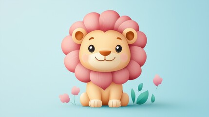 Obraz premium Cute cartoon lion, floral mane, light blue background, children's illustration, digital art