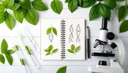 Flat lay of lab notebook with chromosome sketches, surrounded by test tubes, green leaves, and microscope on white wooden desk, research theme.