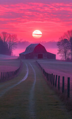 Fototapeta premium Barn at sunrise in tranquility. A red and pink sky lights up the barn as the sun rises, creating a peaceful morning atmosphere in the countryside.
