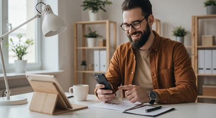 Obraz premium Smiling 30s Man Browsing Phone at Desk with Tablet & Charts in Bright Home Office