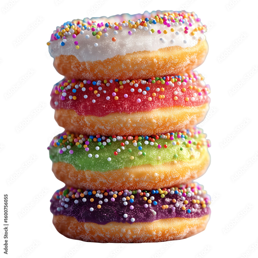 Poster a stack of four colorful donuts with sprinkles on a black background view isolated on transparent ba