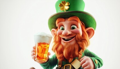 Vintage Engraving Of Leprechaun Holding Beer, Tape, And Crumpled Paper In Retro Style. A Nostalgic Artwork With A Leprechaun Theme.