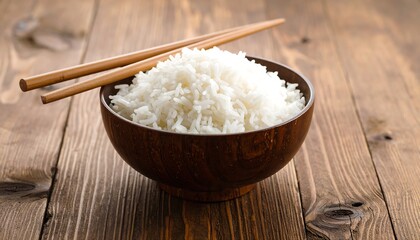 Wooden bowl of cooked white rice with chopsticks