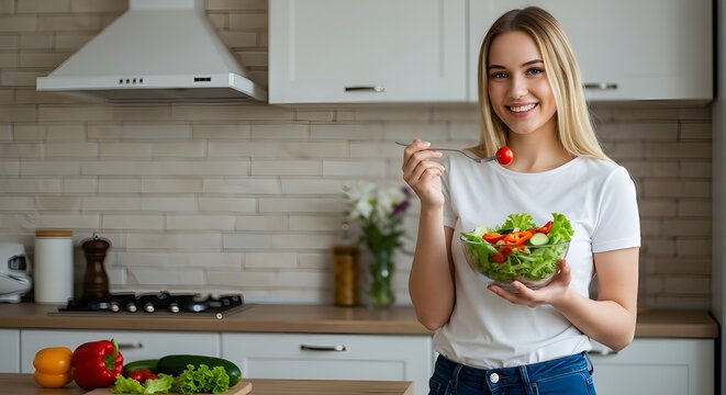 Primer plano de una mujer asi&aacute;tica feliz comiendo ensalada saludable