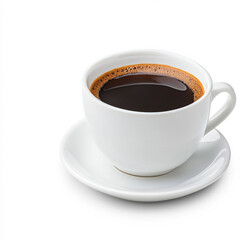 Obraz premium Delicious hot coffee served in white cup. A steaming cup of black coffee sits elegantly on a small white saucer, inviting a moment of relaxation.