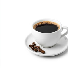 Fototapeta premium Hot coffee with beans on a white plate. A steaming cup of black coffee rests on a white saucer, accompanied by coffee beans, inviting a moment of warmth.