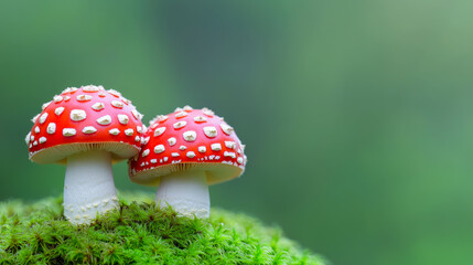 Obraz premium Mushrooms on green moss. Two vibrant red mushrooms with white spots emerge from lush green moss under soft natural light in a serene environment.