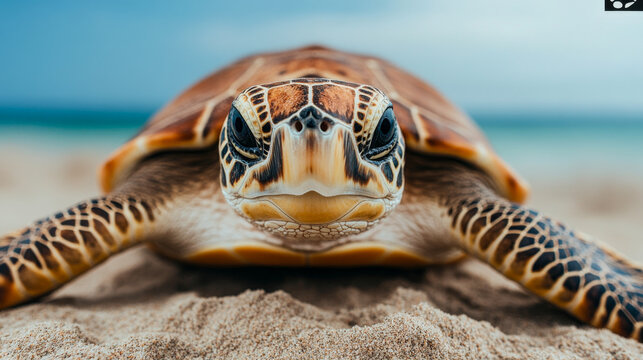 Beach encounter with a turtle. A green sea turtle rests on the sandy beach, gazing at the camera with the ocean in the background under a clear sky.