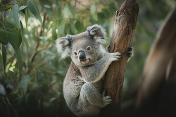 Fototapeta premium Adorable koala clinging to eucalyptus tree animal wildlife