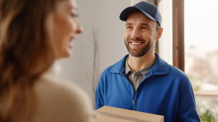 Obraz premium A delivery person hands over a package to a happy customer inside a bright living room. The atmosphere is friendly and warm, highlighting a typical home delivery experience.