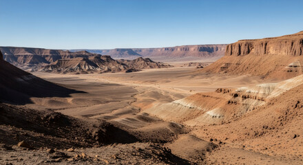 Naklejka premium Vast desert canyon landscape with rocky cliffs and sandy valley. Arid wilderness scenery. Natural geological formations in dry climate. Panortravel and hiking concept.