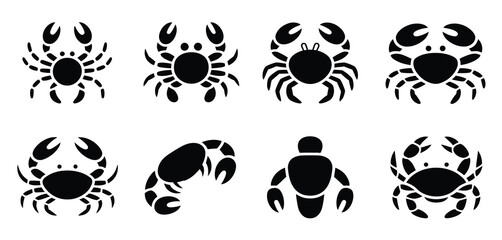 Fototapeta premium Collection of stylized black crab and lobster icons on a white background
