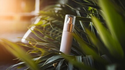 Serum bottle nestled among exotic leaves