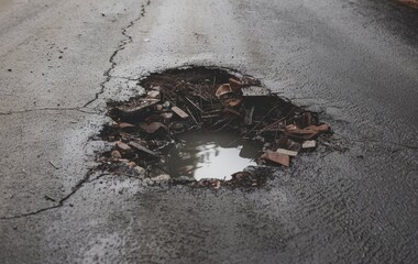 A close-up view of a pothole in the middle of the road