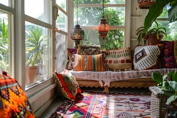 Bohemian style sunroom with eclectic pillows, plants, and hanging lanterns for relaxation