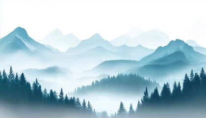 Serene Misty Landscape: Silhouette Of Forest And Mountains In Blue And Green Hues, Enveloped In Magical Fog. Nature'S Bookmark.