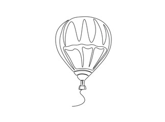Flying hot air balloon in single outline illustration. Continuous line art drawing of hot air balloon with basket.
