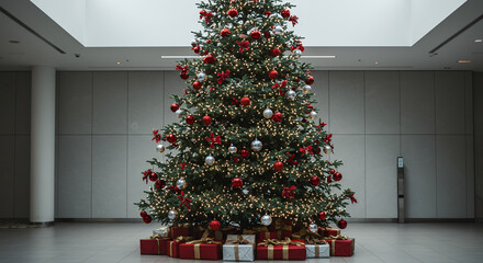 Festive Christmas Tree with Red and Silver Ornaments and Gifts in Modern Lobby