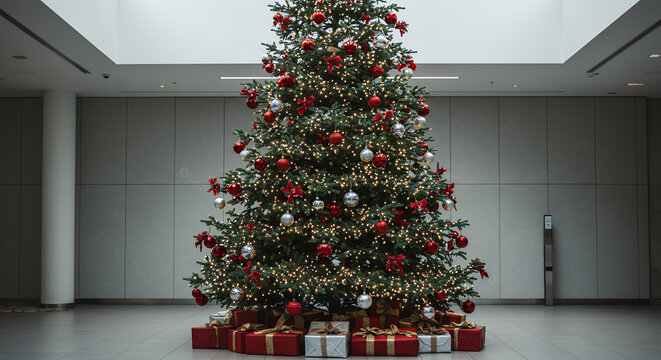 Festive Christmas Tree with Red and Silver Ornaments and Gifts in Modern Lobby