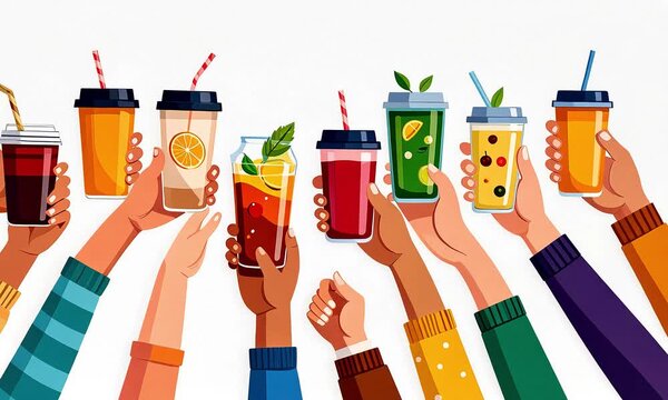 Hands holding various colorful beverages against white background