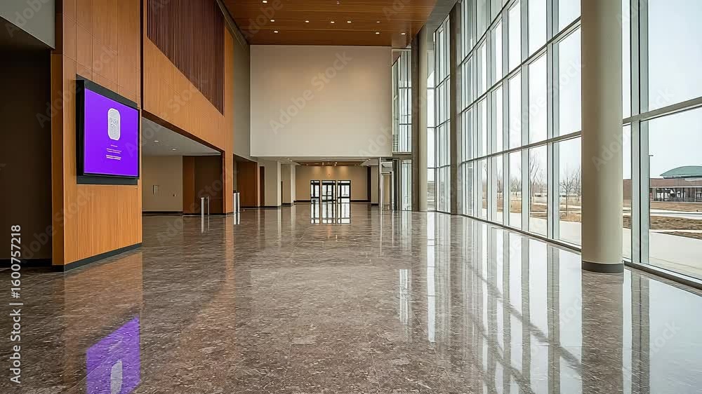 Poster empty modern lobby with large windows