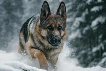 Naklejka premium Powerful dog charges forward through winter woods, eyes locked in determined focus