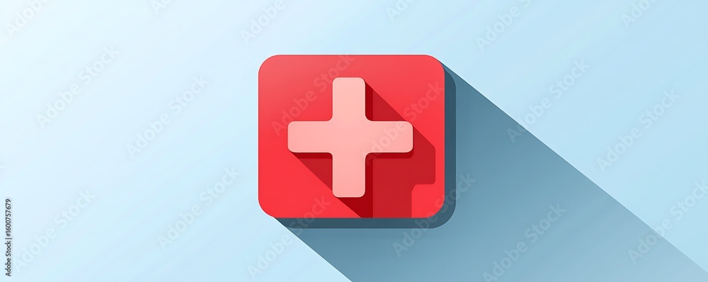 Poster flat red cross mark vector icon inside a square on a soft blue background with light shadows