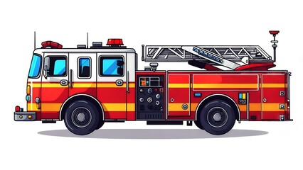 Cartoon Firetruck Illustration: Red and White Emergency Vehicle with Ladder