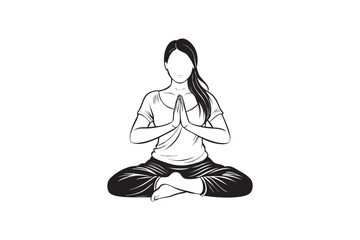 Woman in Lotus Position Meditating Black and White Line Art Illustration for Relaxation Mindfulness and Healthy Lifestyle Practices