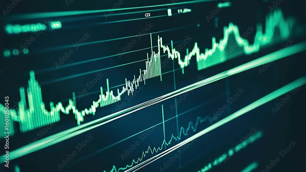 Poster Financial data display showing graphs and charts green lines on dark background