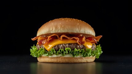 Fresh juicy burger on black background