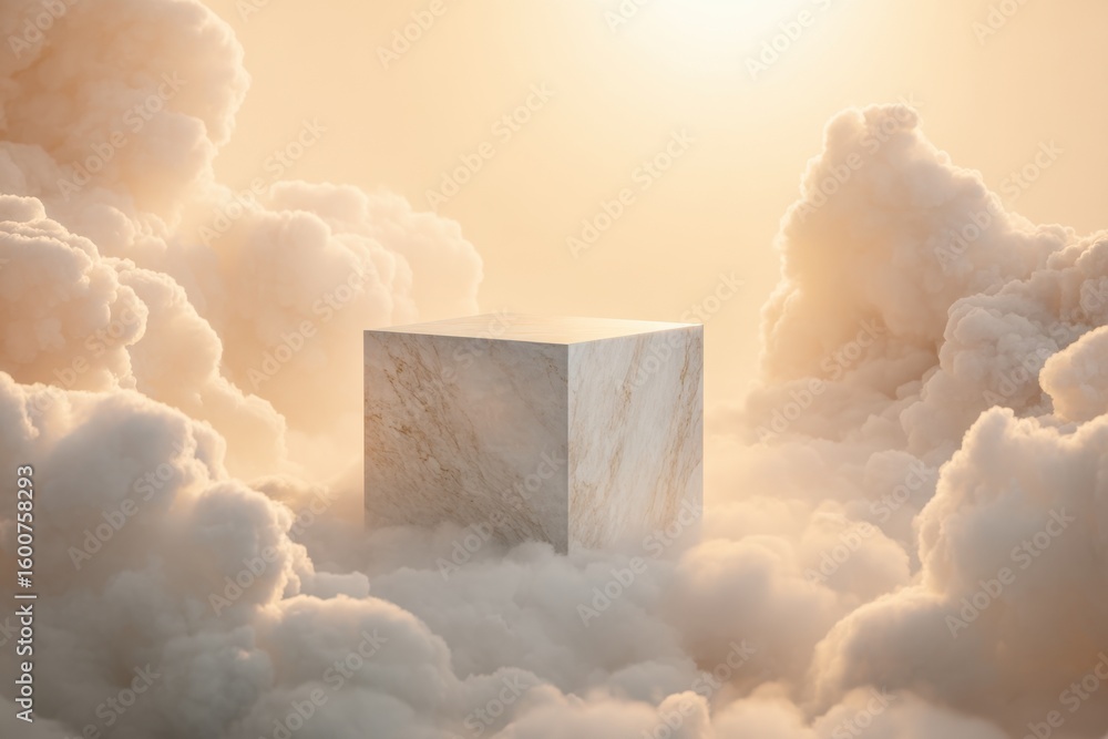Poster a marbled cube rests serenely atop a thick blanket of fluffy clouds under a diffused light backgroun