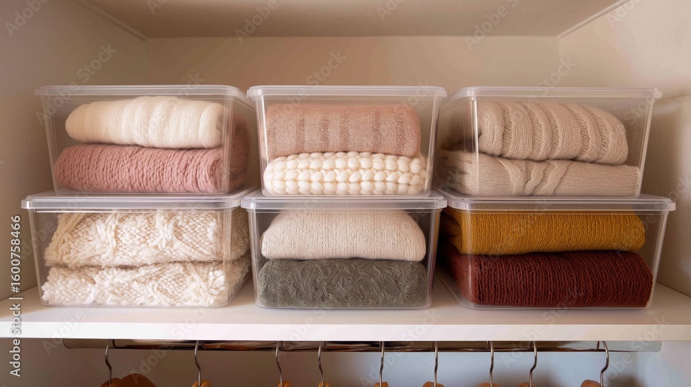 Aufkleber cozy blankets neatly folded and stored in clear containers on a shelf, showcasing organization.