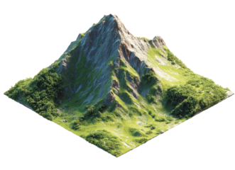 Isometric mountain landscape,  green slopes, light gray peak
