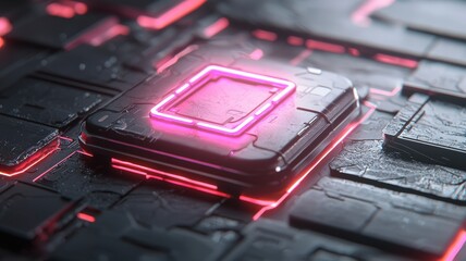 A futuristic microchip glowing with pink neon light is embedded on a dark, high-tech circuit board.