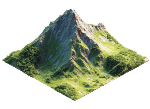 Isometric mountain landscape,  green slopes, light gray peak