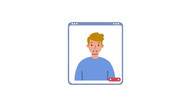 Flat 2D animated interface showing a blonde-haired man in a blue shirt during a virtual conversation or explanation. The browser window pops down from the top in a minimalistic layout.