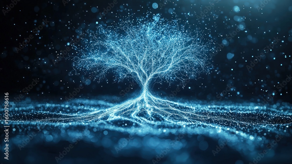 Poster a glowing digital tree with intricate branches and roots, composed of luminous blue particles and li