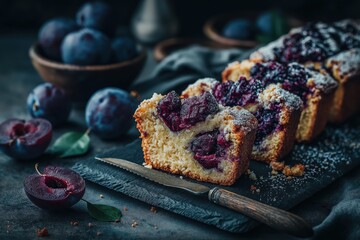 Rustic plum cake slices rest on slate board in cozy vintage kitchen