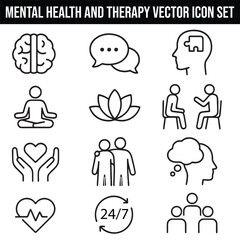 Mental Health and Therapy Vector Icon Set with Adjustable Line Weight Featuring Brain, Speech Bubble, Puzzle, Conversation, Meditation, Lotus, Support, Call, Empathy, 24/7, Cloud Thinking, and Checkle