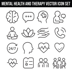 Mental Health and Therapy Vector Icon Set with Adjustable Line Weight Featuring Brain, Speech Bubble, Puzzle, Conversation, Meditation, Lotus, Support, Call, Empathy, 24/7, Cloud Thinking, and Checkle