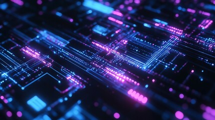 Abstract Technological Circuit Board with Neon Lights and Data Flow