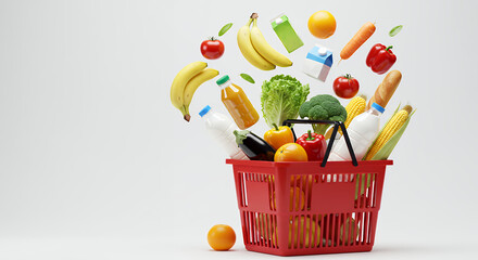 Fresh groceries overflow a red basket, showcasing healthy eating with vibrant vegetables and fruits.