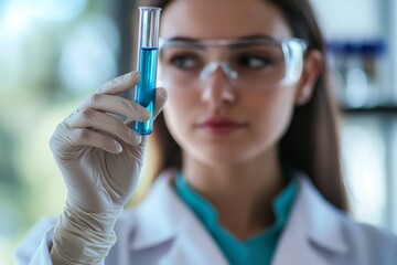 A female scientist in a laboratory inspects a test tube containing blue liquid. She wears protective goggles and gloves, highlighting her focus on the experiment at hand