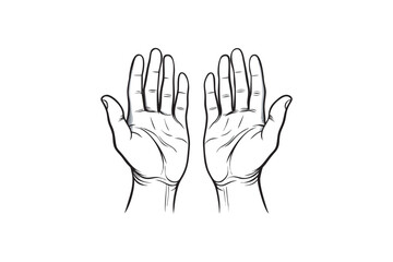 Two open hands facing upwards in a gesture of prayer offering or receiving drawn in black and white line art